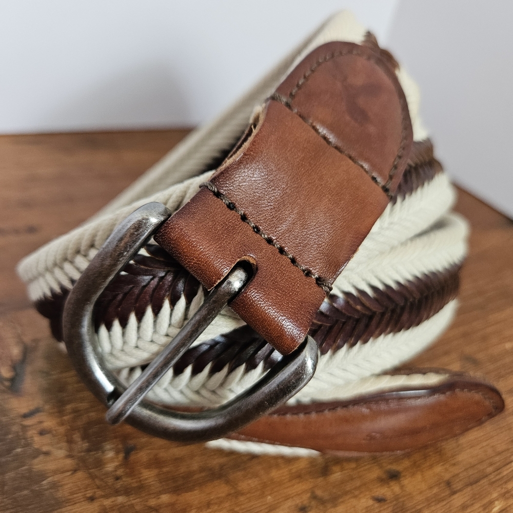 Tommy Bahama Brown Leather and Cream Cord Woven Belt Mens L 38-40 - Picture 2 of 10
